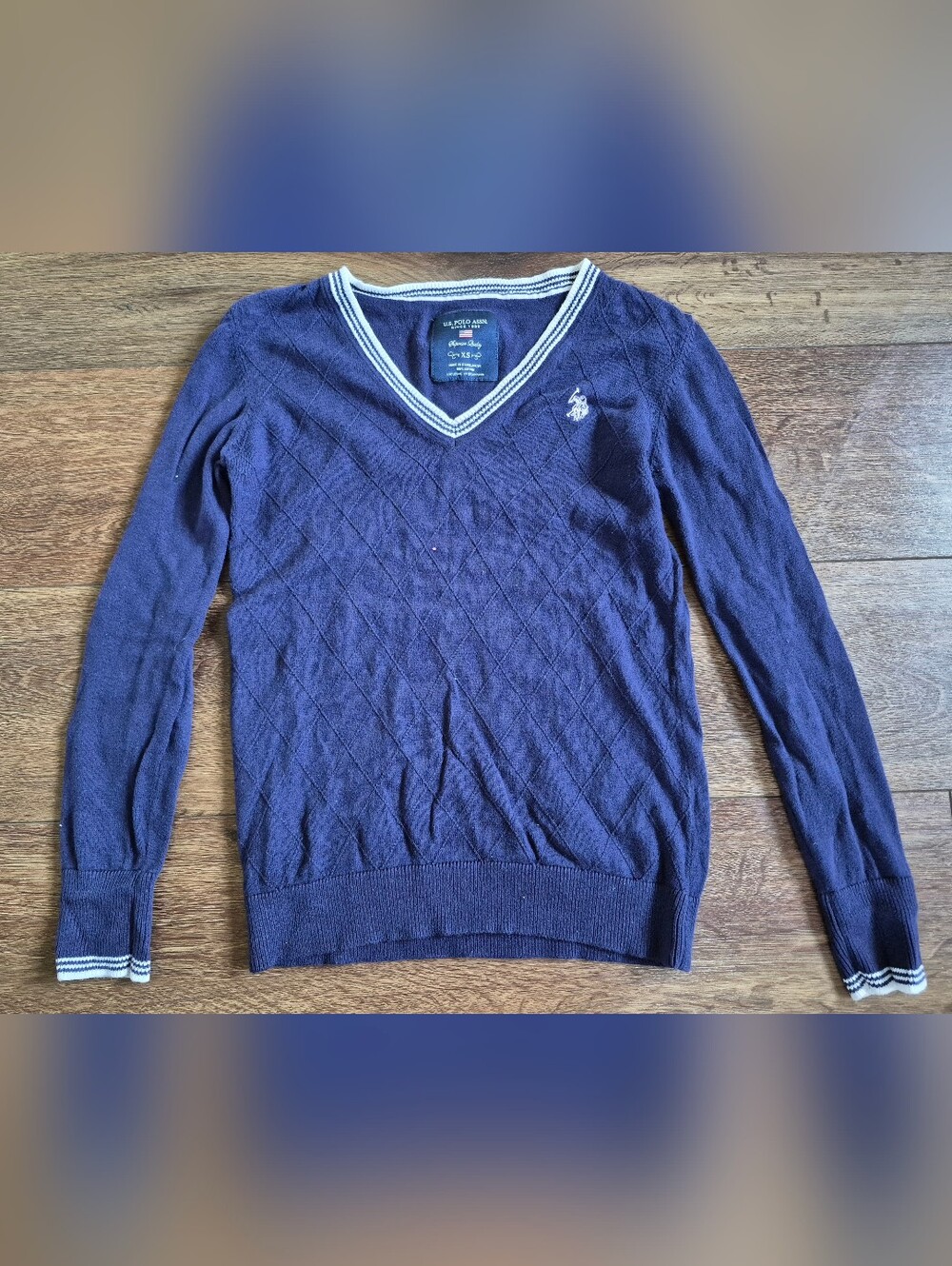 U.S. Polo Assn. Blue Vneck Sweater White Trim Women's Sz XS